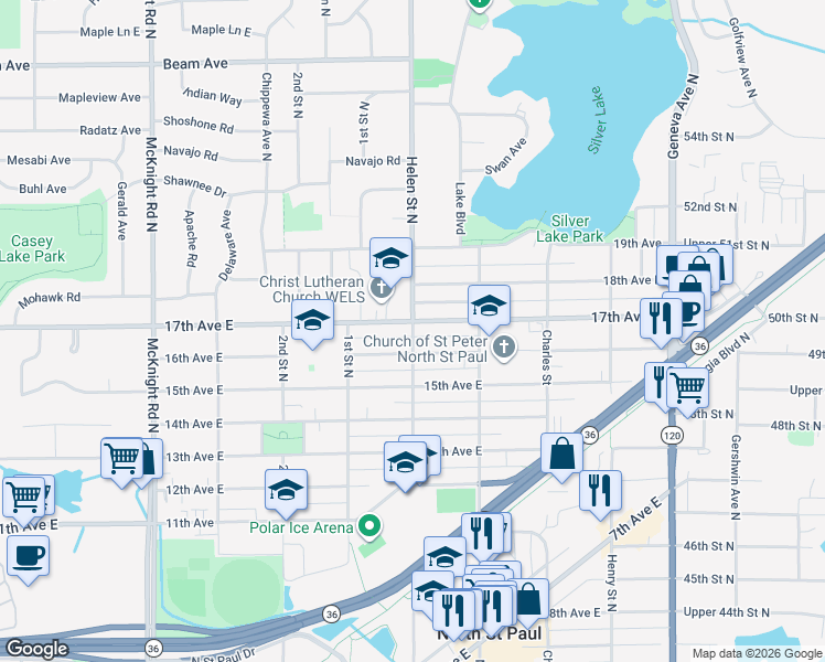 map of restaurants, bars, coffee shops, grocery stores, and more near 2635 Helen Street North in North Saint Paul