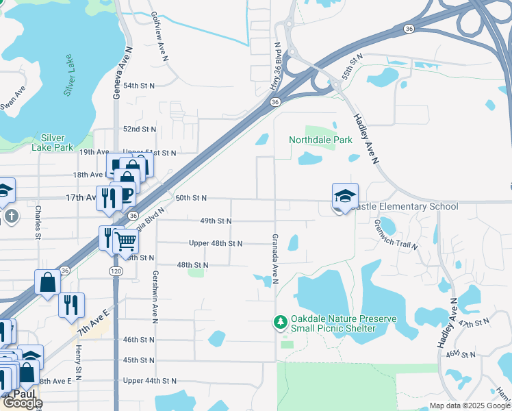 map of restaurants, bars, coffee shops, grocery stores, and more near 6451 50th Street North in Saint Paul