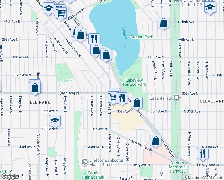 map of restaurants, bars, coffee shops, grocery stores, and more near 3600 France Avenue North in Robbinsdale
