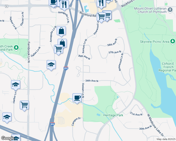 map of restaurants, bars, coffee shops, grocery stores, and more near 3510 Wedgewood Lane North in Plymouth