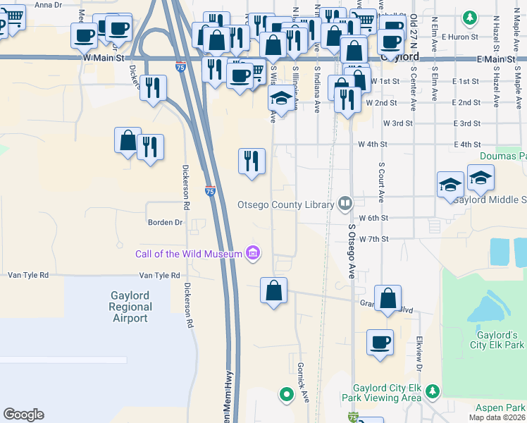 map of restaurants, bars, coffee shops, grocery stores, and more near 610 South Wisconsin Avenue in Gaylord