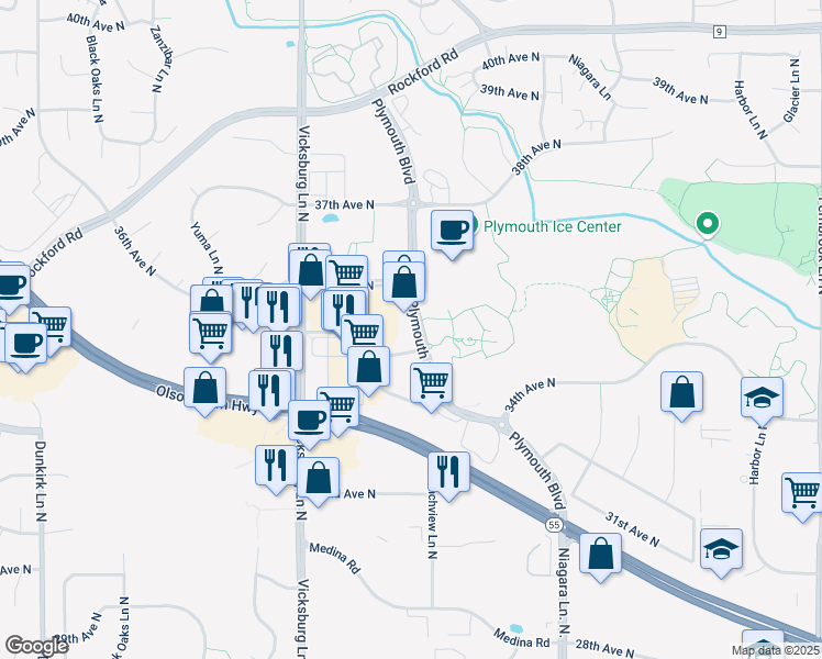 map of restaurants, bars, coffee shops, grocery stores, and more near 3525 Plymouth Boulevard in Minneapolis