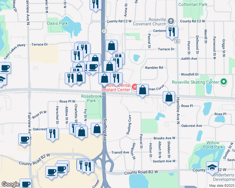 map of restaurants, bars, coffee shops, grocery stores, and more near 1534 City Centre Drive in Roseville