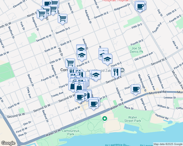 map of restaurants, bars, coffee shops, grocery stores, and more near 129 Third Street East in Cornwall
