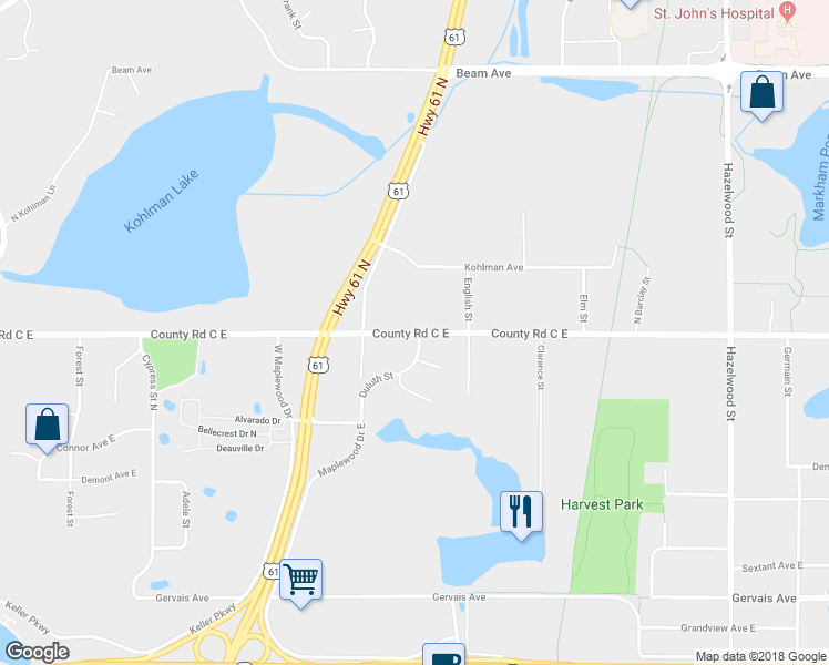 map of restaurants, bars, coffee shops, grocery stores, and more near 1255 County Road D Circle in Saint Paul