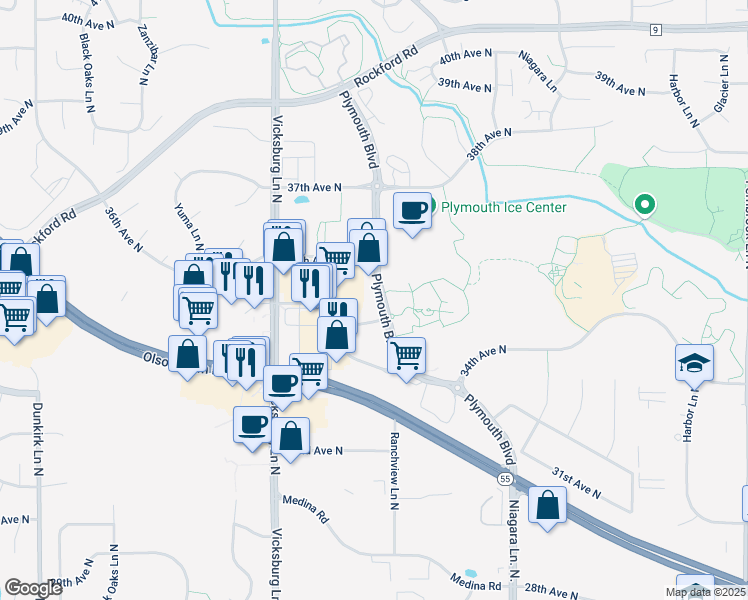 map of restaurants, bars, coffee shops, grocery stores, and more near 3525 Plymouth Boulevard in Minneapolis