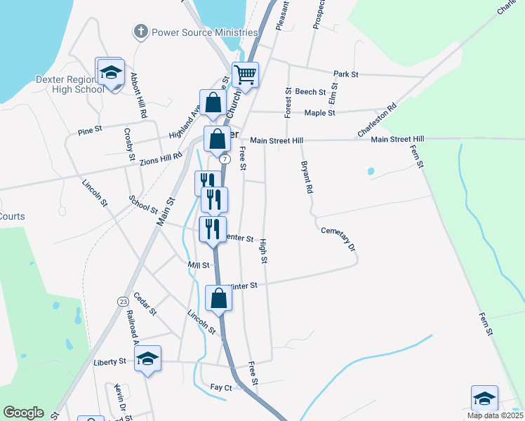 map of restaurants, bars, coffee shops, grocery stores, and more near 51 High Street in Dexter