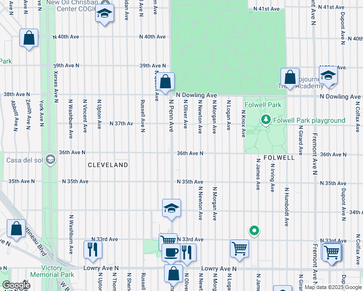 map of restaurants, bars, coffee shops, grocery stores, and more near 2208 36th Avenue North in Minneapolis