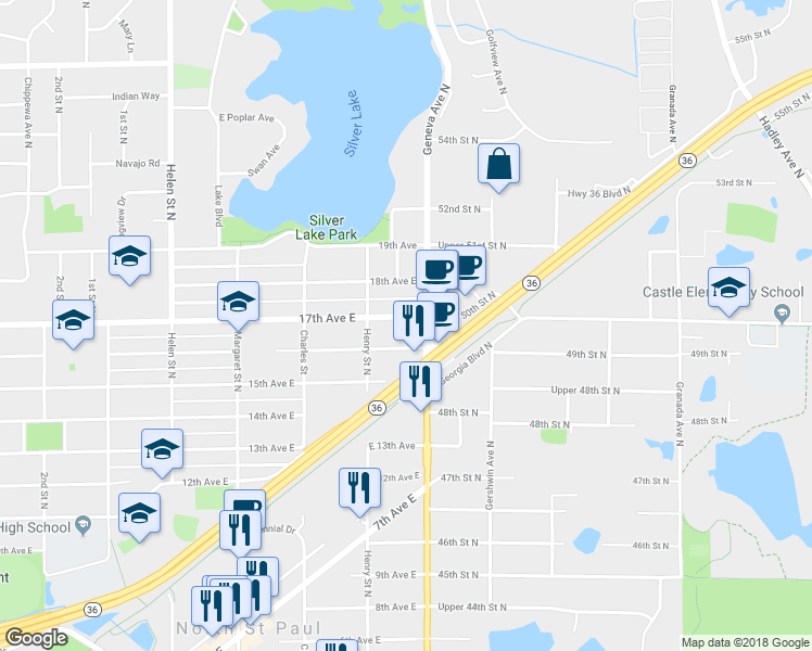 map of restaurants, bars, coffee shops, grocery stores, and more near 2720 17th Avenue East in Saint Paul
