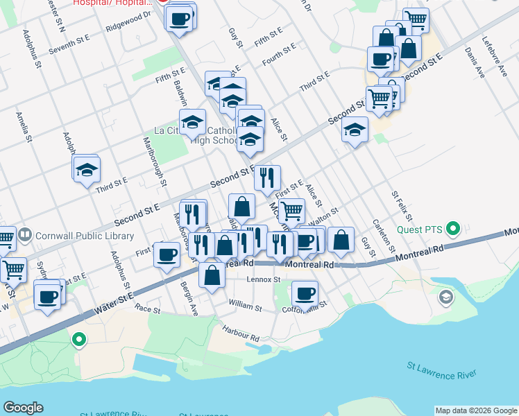 map of restaurants, bars, coffee shops, grocery stores, and more near 739 First Street East in Cornwall