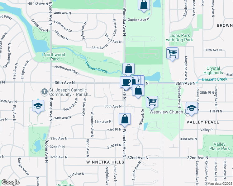 map of restaurants, bars, coffee shops, grocery stores, and more near 3509 Winnetka Avenue North in Minneapolis
