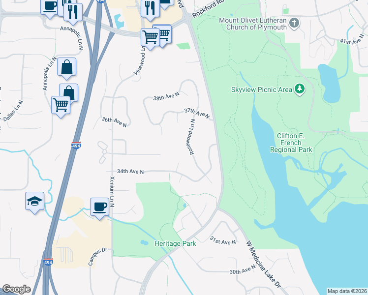 map of restaurants, bars, coffee shops, grocery stores, and more near 3525 Rosewood Lane North in Plymouth