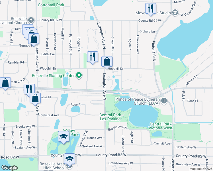 map of restaurants, bars, coffee shops, grocery stores, and more near 2650 Lexington Avenue North in Roseville