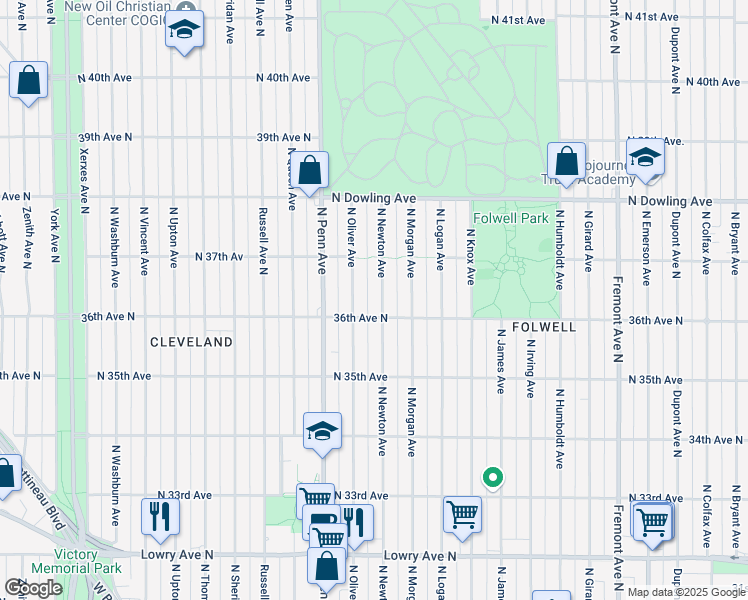map of restaurants, bars, coffee shops, grocery stores, and more near 3617 North Newton Avenue in Minneapolis