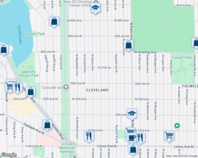 map of restaurants, bars, coffee shops, grocery stores, and more near 3615 North Thomas Avenue in Minneapolis