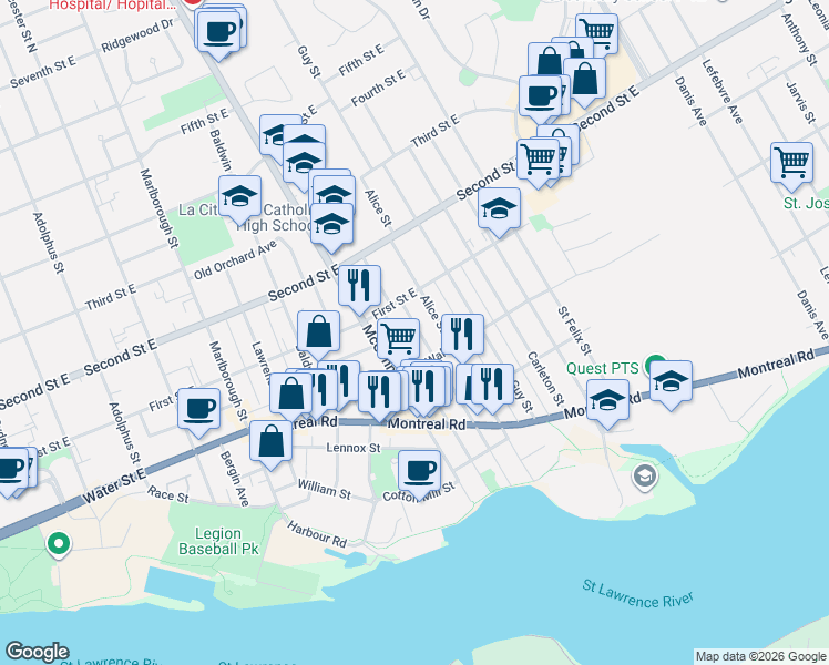 map of restaurants, bars, coffee shops, grocery stores, and more near 321 Louisa Street in Cornwall