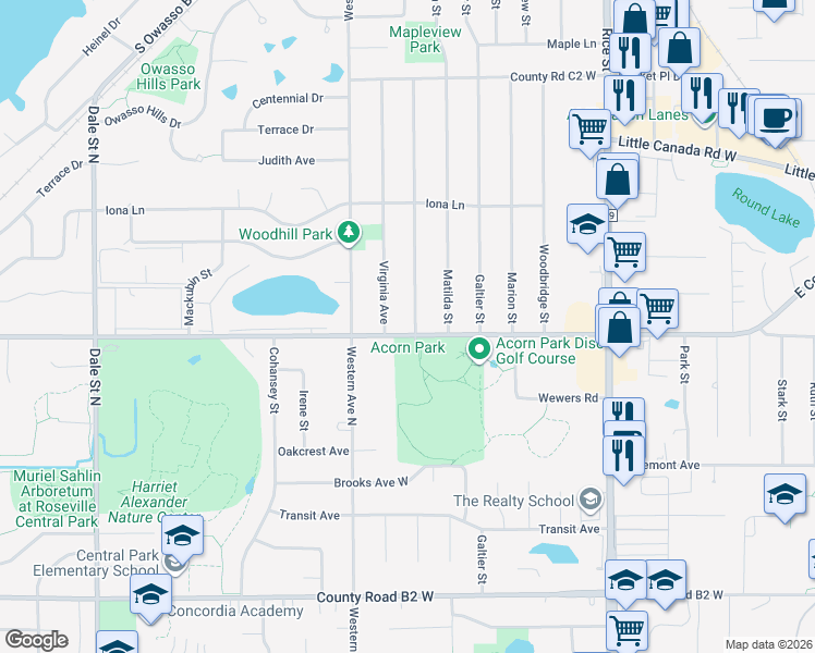 map of restaurants, bars, coffee shops, grocery stores, and more near 2645 Farrington Street in Roseville