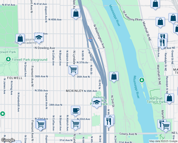 map of restaurants, bars, coffee shops, grocery stores, and more near 3622 North 4th Street in Minneapolis