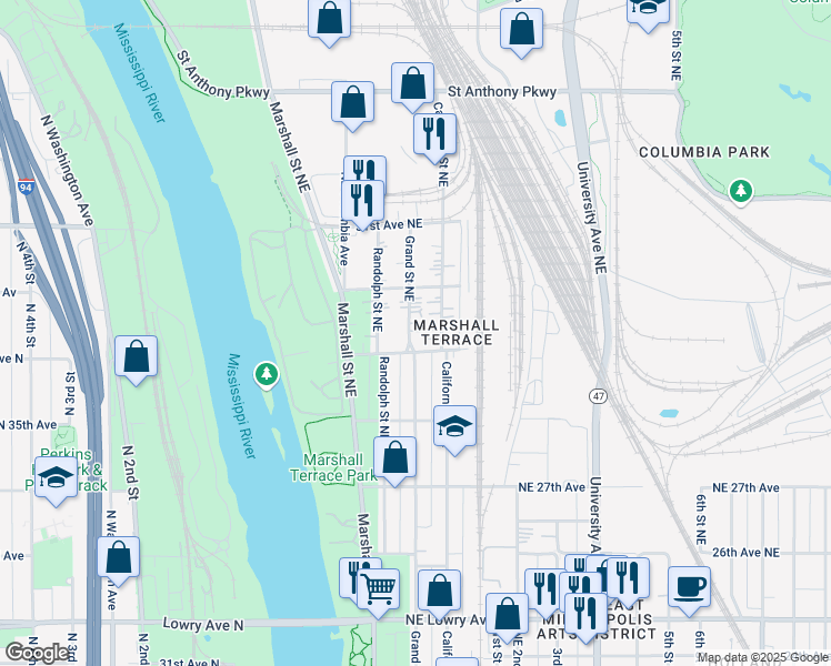 map of restaurants, bars, coffee shops, grocery stores, and more near 2915 Grand Street Northeast in Minneapolis