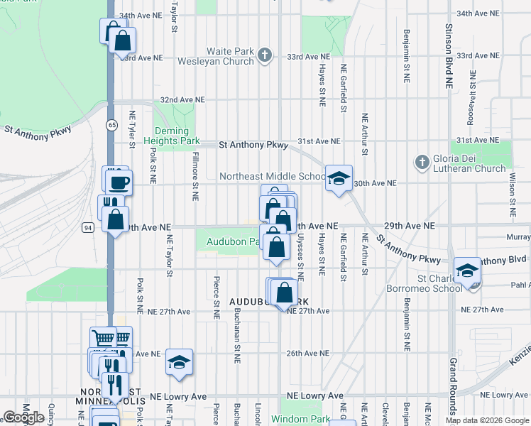 map of restaurants, bars, coffee shops, grocery stores, and more near 2918 Lincoln Street Northeast in Minneapolis