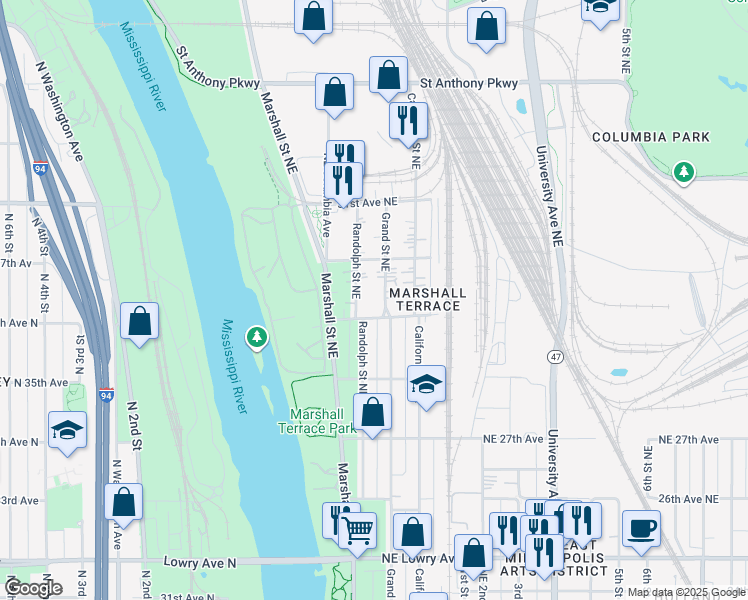 map of restaurants, bars, coffee shops, grocery stores, and more near 129 29th Avenue Northeast in Minneapolis