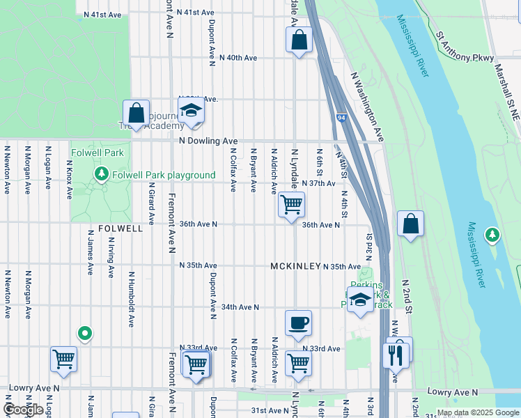 map of restaurants, bars, coffee shops, grocery stores, and more near 3623 North Aldrich Avenue in Minneapolis