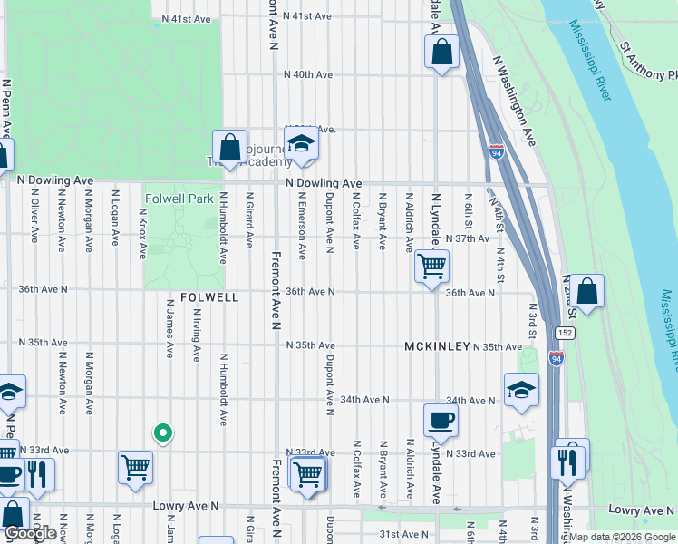 map of restaurants, bars, coffee shops, grocery stores, and more near 3622 North Dupont Avenue in Minneapolis