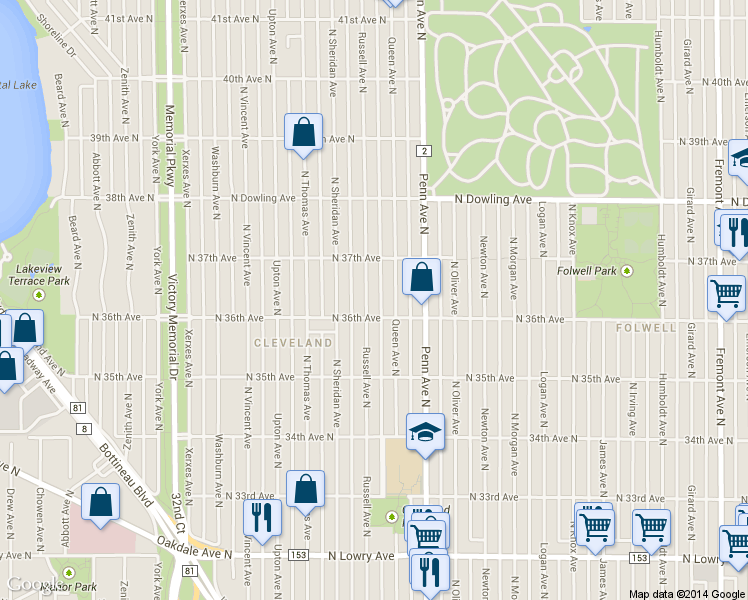 map of restaurants, bars, coffee shops, grocery stores, and more near 3614 Russell Avenue North in Minneapolis