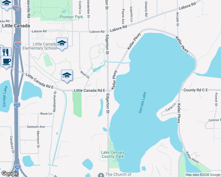 map of restaurants, bars, coffee shops, grocery stores, and more near 565 Keller Parkway in Little Canada