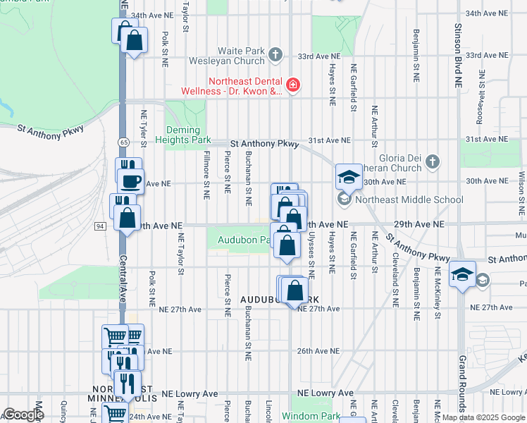 map of restaurants, bars, coffee shops, grocery stores, and more near 2918 Lincoln Street Northeast in Minneapolis