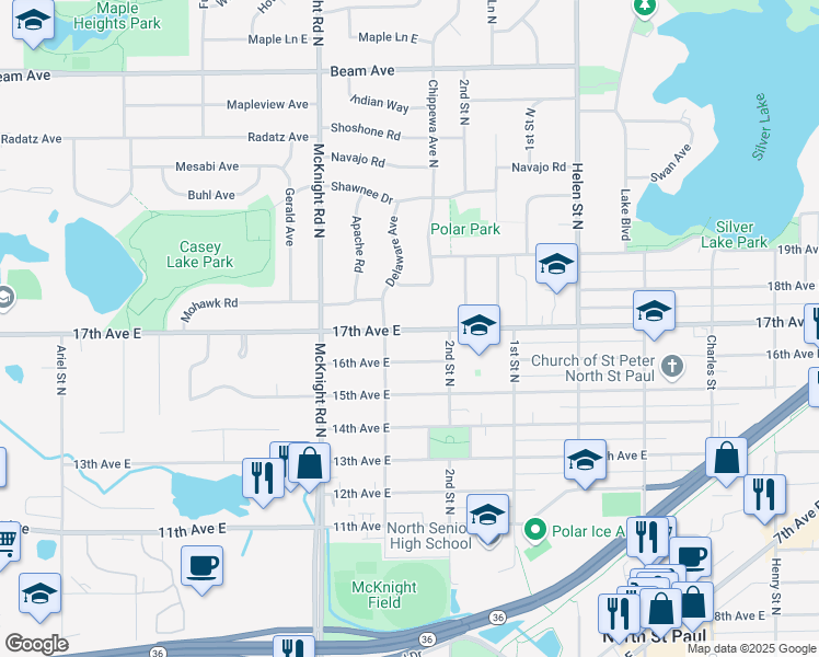 map of restaurants, bars, coffee shops, grocery stores, and more near 2336 17th Avenue East in Maplewood