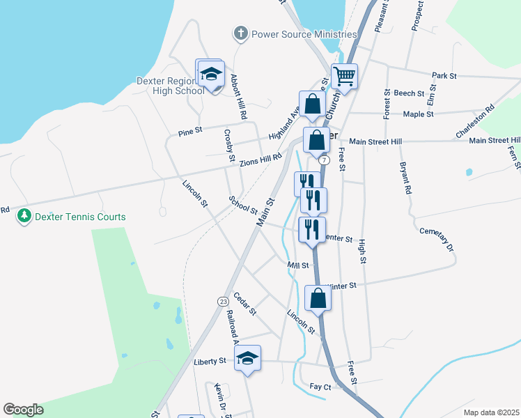 map of restaurants, bars, coffee shops, grocery stores, and more near 55 Main Street in Dexter