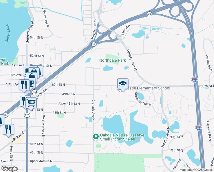 map of restaurants, bars, coffee shops, grocery stores, and more near 6562 50th Street North in Saint Paul