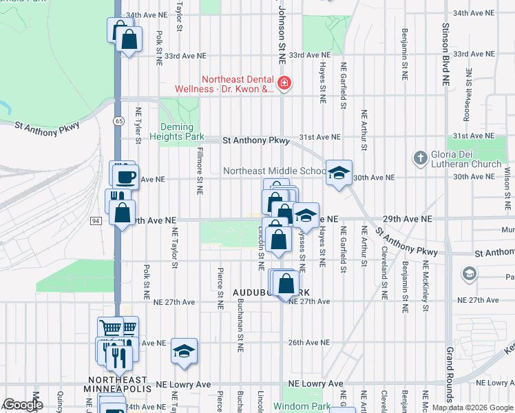 map of restaurants, bars, coffee shops, grocery stores, and more near 2918 Lincoln Street Northeast in Minneapolis