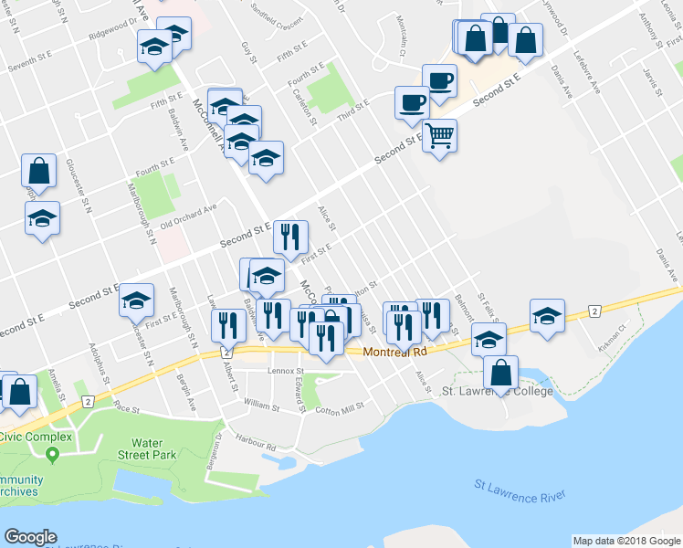 map of restaurants, bars, coffee shops, grocery stores, and more near 320 Louisa Street in Cornwall