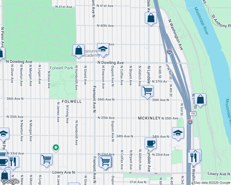 map of restaurants, bars, coffee shops, grocery stores, and more near 3622 North Dupont Avenue in Minneapolis