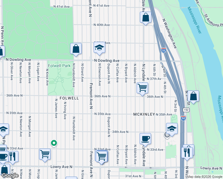 map of restaurants, bars, coffee shops, grocery stores, and more near 3622 North Dupont Avenue in Minneapolis
