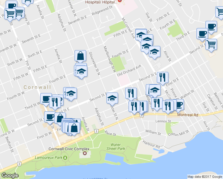 map of restaurants, bars, coffee shops, grocery stores, and more near 417 Second Street East in Cornwall