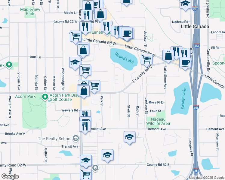 map of restaurants, bars, coffee shops, grocery stores, and more near 2653 Sylvan Street in Little Canada