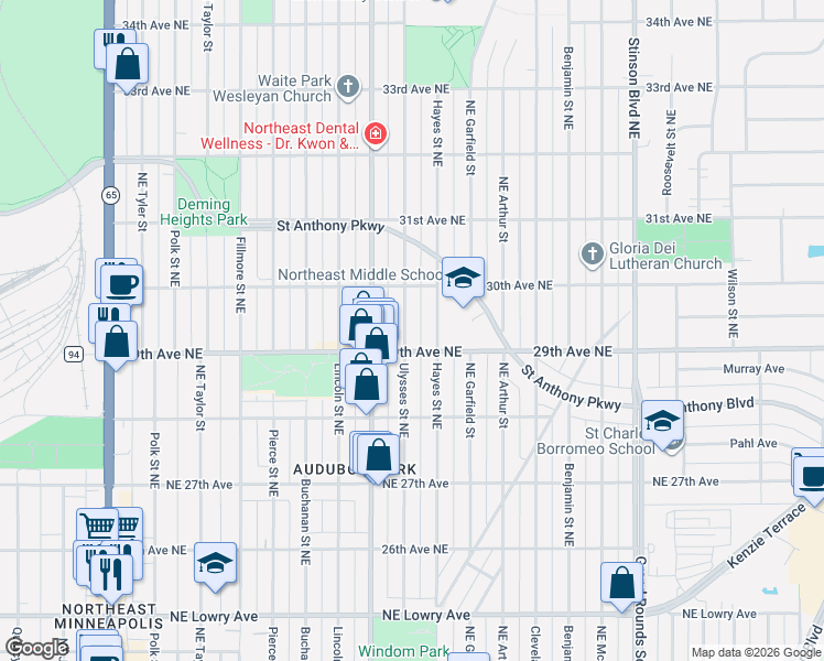 map of restaurants, bars, coffee shops, grocery stores, and more near 2919 Ulysses Street Northeast in Minneapolis