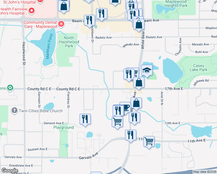 map of restaurants, bars, coffee shops, grocery stores, and more near 2647 North Van Dyke Street in Saint Paul