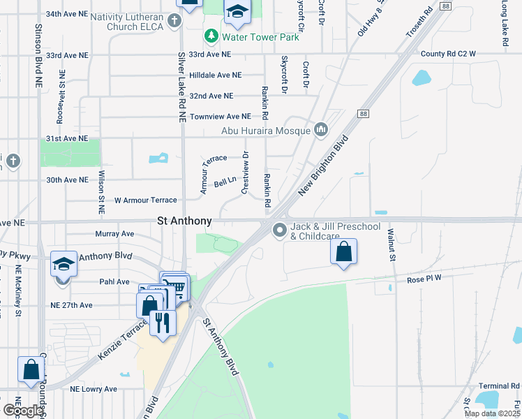 map of restaurants, bars, coffee shops, grocery stores, and more near 2904 Rankin Road in Minneapolis
