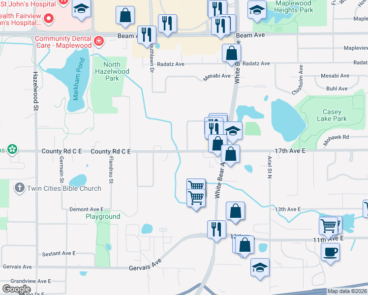 map of restaurants, bars, coffee shops, grocery stores, and more near 1845 County Road C East in Maplewood