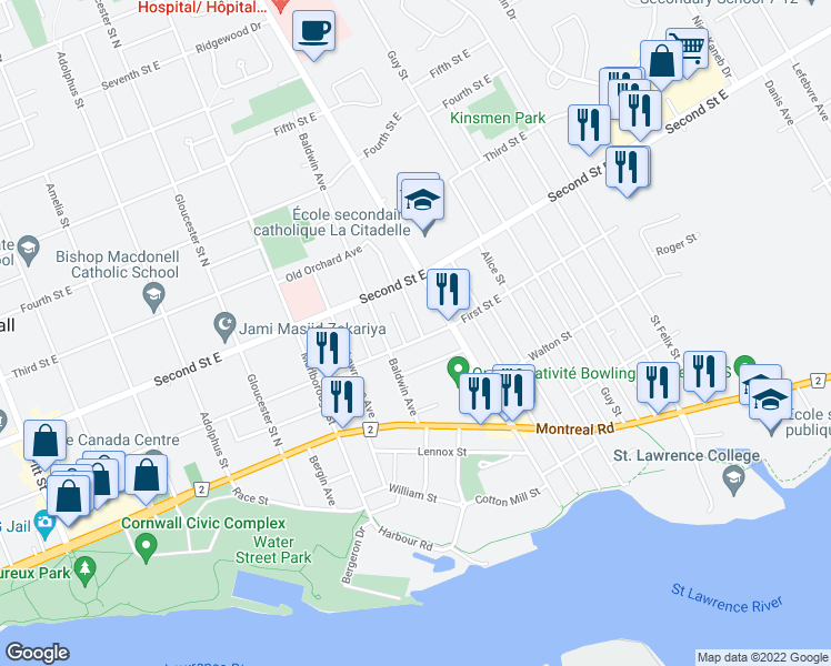 map of restaurants, bars, coffee shops, grocery stores, and more near 720 First Street East in Cornwall