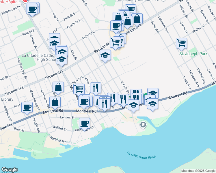 map of restaurants, bars, coffee shops, grocery stores, and more near 230 Carleton Street in Cornwall