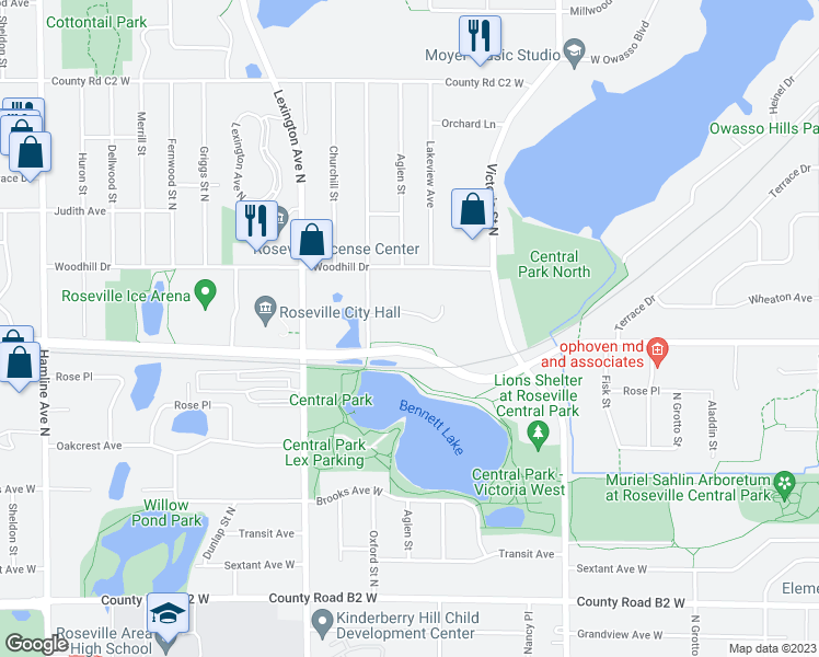 map of restaurants, bars, coffee shops, grocery stores, and more near 2670 North Oxford Street in Roseville