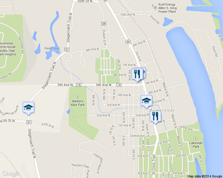 map of restaurants, bars, coffee shops, grocery stores, and more near 546 7th St N in Bayport