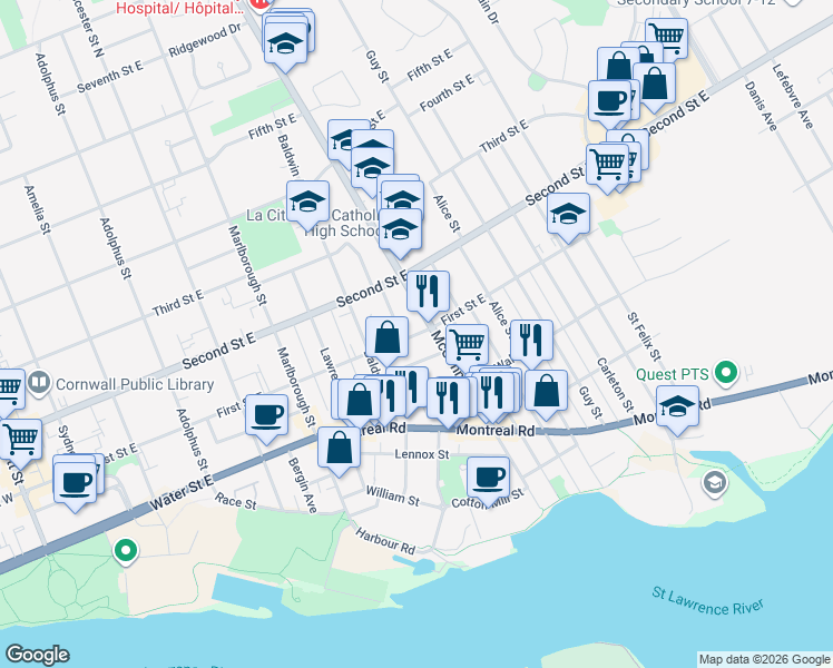map of restaurants, bars, coffee shops, grocery stores, and more near 747 First Street East in Cornwall
