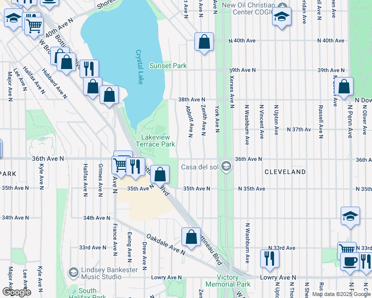 map of restaurants, bars, coffee shops, grocery stores, and more near 3605 Abbott Avenue North in Minneapolis