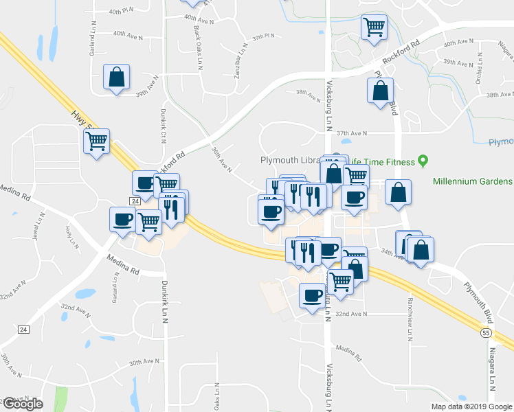 map of restaurants, bars, coffee shops, grocery stores, and more near 16205 36th Avenue North in Minneapolis